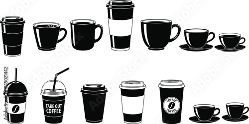 Black coffee cup silhouette icons collection featuring takeout paper cups mugs espresso saucers and disposable cafe beverage containers for graphic design.