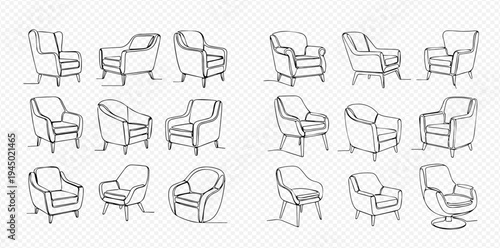 Set of hand-drawn sketches of various armchairs, illustrating different furniture styles and designs.