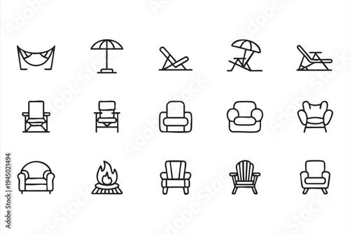 Furniture seating line icons for app interface navigation, dashboard systems and interior service platforms