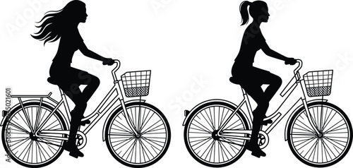 Black silhouette of woman riding city bicycle with basket featuring long hair and ponytail versions for outdoor lifestyle fitness and transportation