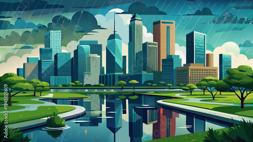 Urban Skyline Reflection on Water Body During Cloudy Weather Season in Modern Cityscape Park Setting houston skyline vector