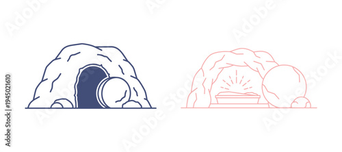 Christian open tomb with rolled stone at the cave entrance, minimal linear vector illustration.