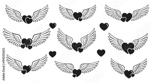 Multiple heart and wing designs create a romantic pattern displayed in stark black silhouette high quality