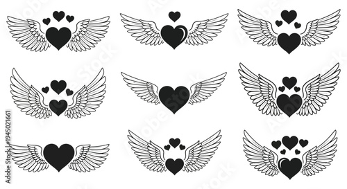 A collection of black heart and wing designs showcasing romantic symbolism and a striking silhouette
