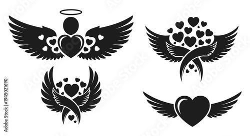 Intricate black angel wings and hearts forming decorative shapes a bold design silhouette high quality professional