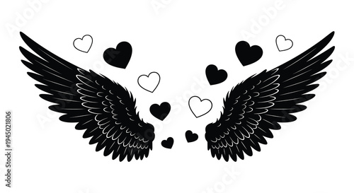 A striking pair of black wings surrounded by hearts creating a symbolic and emotive image silhouette