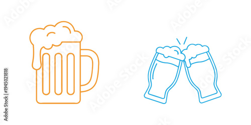 Beer mugs clinking icon in outline and solid style, symbolizing celebration and craft beer enjoyment.