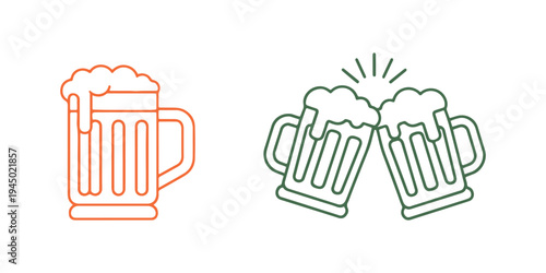 Toasting beer glasses line and solid icon representing the craft beer cheers concept on a white background.