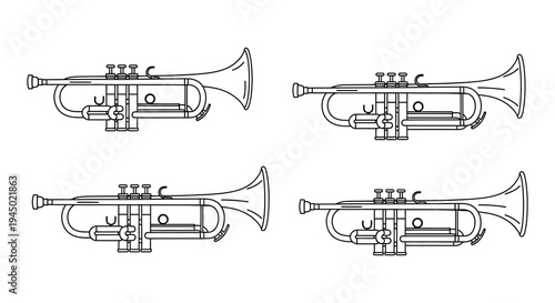 Four detailed illustrations of trumpets in a linear style showcasing brass instrument design silhouette