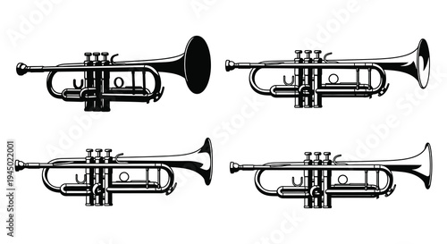 Four detailed views of a trumpet showcasing its mechanics and form in black silhouette high quality