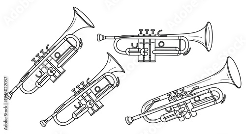 Detailed line art illustration of multiple trumpets in varying perspectives a striking silhouette high quality professional