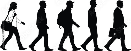Collection of black silhouettes of people walking with bags including business man with briefcase woman with shoulder bag and traveler