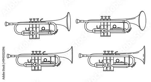 Detailed line art depicting four views of a trumpet showcasing its intricate design silhouette high quality