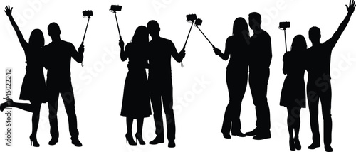 Set of black silhouettes of couples taking selfies with smartphone and selfie sticks for travel social media and modern lifestyle design