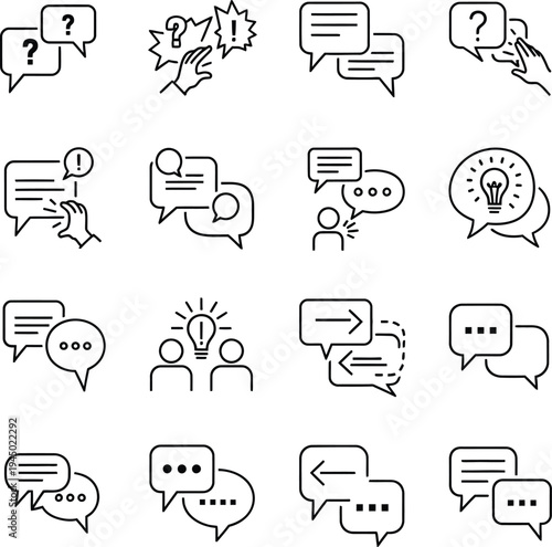 Outline vector icons of speech bubbles and communication. Chat, feedback, brainstorming, and dialogue concepts with message bubbles in minimalist line art style.