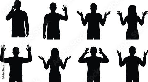 Set of black silhouettes of people with various hand gestures including waving talking on phone shrugging and celebrating for communication design