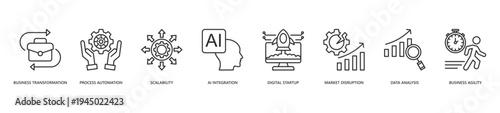 Business Transformation Icon Set. Icon set includes Business Transformation, Process Automation, Scalability, Ai Integration, Digital Startup, Market Disruption, Data Analysis, Business Agility.