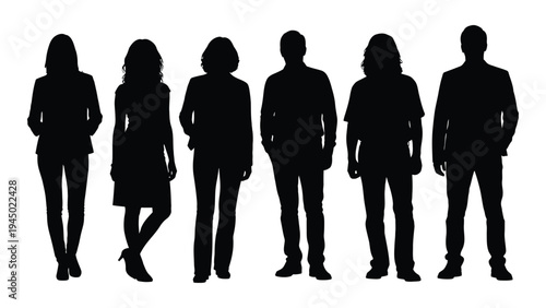 A group of six black silhouettes of people standing in a line on a white background, representing unity and togetherness in a minimalist and modern style.