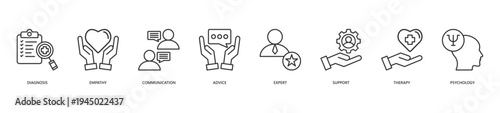 Counseling Icon Set. Icon set includes Diagnosis, Empathy, Communication, Advice, Expert, Support, Therapy, Psychology.