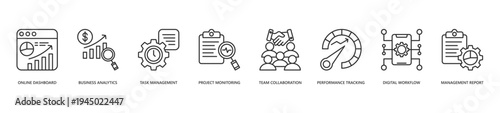 Online Business Management Icon Set. Icon set includes Online Dashboard, Business Analytics, Task Management, Project Monitoring, Team Collaboration, Performance Tracking, Digital Workflow.