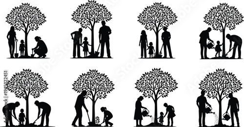 Set of black silhouettes featuring families and people planting trees watering plants and gardening for environmental conservation sustainability and earth day