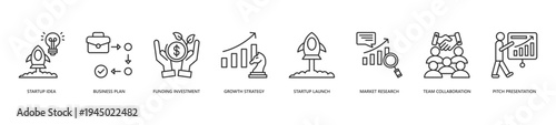 Startup Business Planning Icon Set. Icon set includes Startup Idea, Business Plan, Funding Investment, Growth Strategy, Startup Launch, Market Research, Team Collaboration, Pitch Presentation.