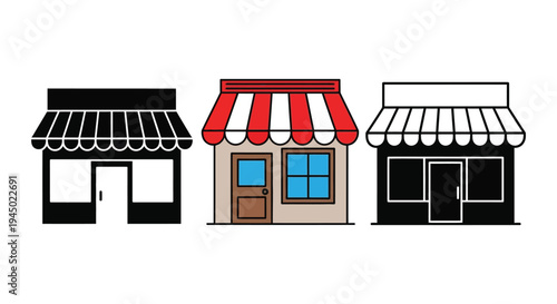 Assortment of small shop vector graphic illustrations featuring various storefront designs with awnings.