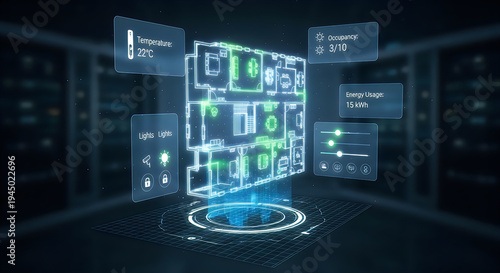 Futuristic smart building management system with holographic data visualization, enabling real-time environmental control and energy efficiency monitoring
