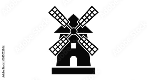 Traditional Dutch windmill vector illustration in black silhouette with turning sails, a classic energy symbol.