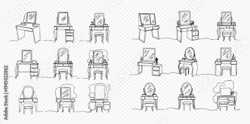 Set of continuous line drawings of various dressing tables with mirrors and stools, minimalist furniture sketches.