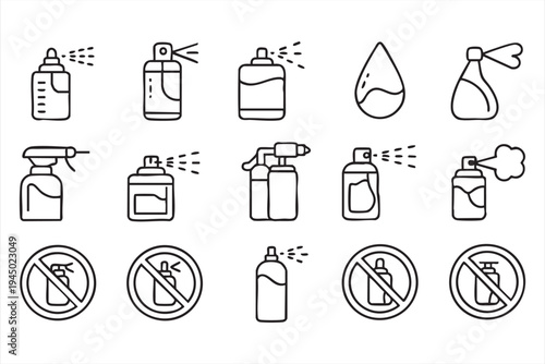 Sanitizer spray and liquid dispenser icons for healthcare graphics, cleaning products and safety warnings