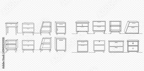 Set of nightstands, bedside tables, and chest of drawers in outline style, isolated on a transparent background. Vector illustration of furniture for bedroom interior design.