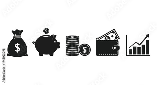 Black vector graphic illustration featuring a collection of financial icons for savings, investment, and growth concepts.