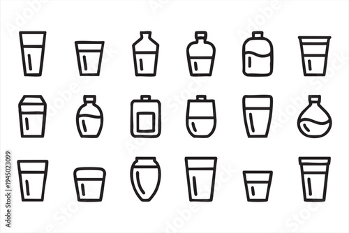 Beauty product container line icon set for cosmetic packaging, dermatology supplies and toiletry graphics