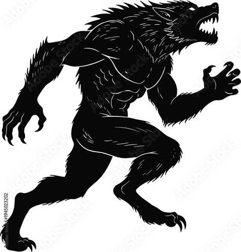 Werewolf monster silhouette running with sharp claws and fangs, scary mythical creature illustration isolated on white background for horror, fantasy, and Halloween design
