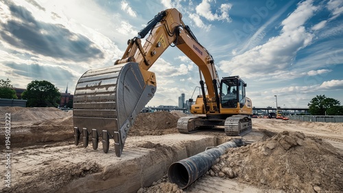 Powerful yellow hydraulic excavator bucket digging a trench at an active construction site