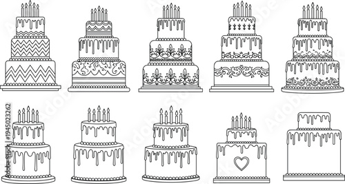 Set of hand drawn birthday cake coloring pages for kids with various tiered cakes candles frosting and decorative patterns for celebration