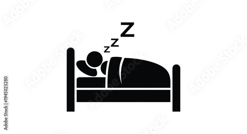 Simple black and white vector graphic illustration depicting a person soundly sleeping in a bed