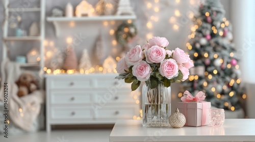 Elegant floral arrangement in a cozy interior with festive holiday decorations
