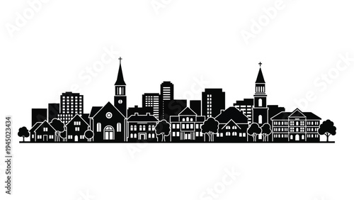 A serene cityscape silhouette featuring a mix of modern and traditional architecture with multiple church steeples and buildings of varying heights and styles