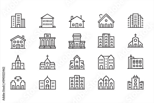 Building and architecture line icons for real estate graphics, urban planning visuals and property platforms