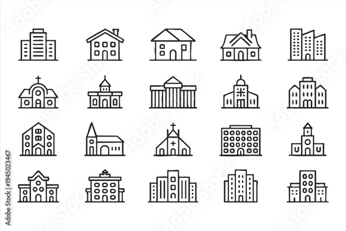 Residential houses and commercial buildings outline icons for real estate dashboards and city planning systems
