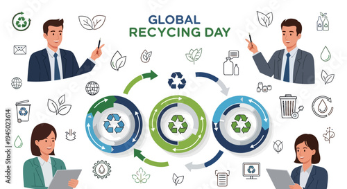 Illustration of business professionals engaged in sustainable recycling practices on Global Recycling Day with eco-friendly symbols and recycle icons in a circular economy concept.