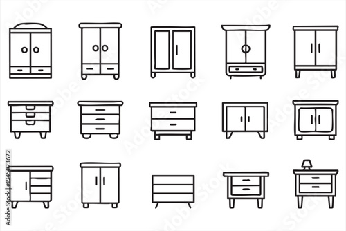 Wardrobe, cupboard and drawer outline icons for home furnishing graphics and storage system visuals