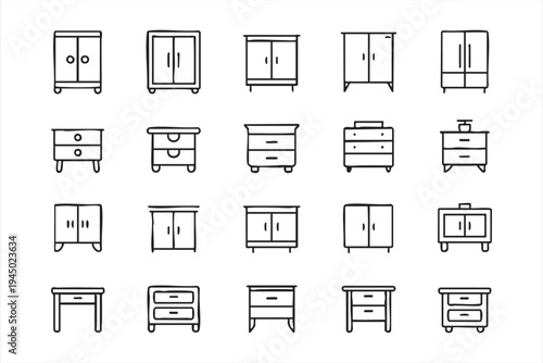 Furniture cabinet and storage line icons for interior design graphics and home organization visuals