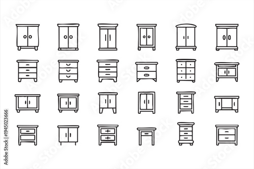 Home storage furniture icon set with cabinets, dressers and bedside tables for interior graphics