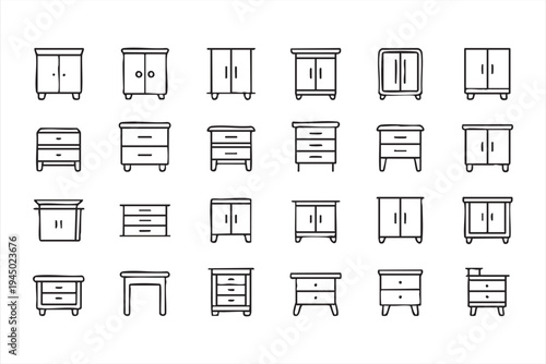 Cabinet and drawer furniture line icons for home organization graphics and furnishing visuals