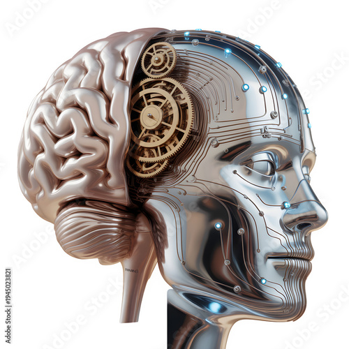 Cybernetic Human Head with Exposed Brain and Mechanical Components