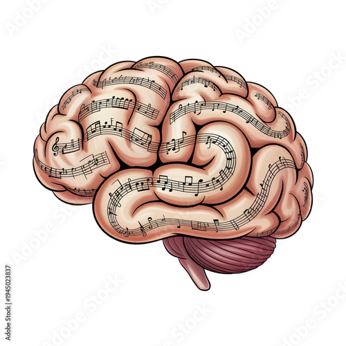 Musical Notes Brain Diagram Isolated White Background Medical Illustration