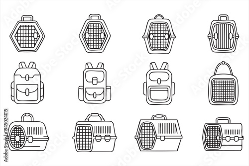 Pet carrier and travel backpack line icons for animal transport services and veterinary care platforms